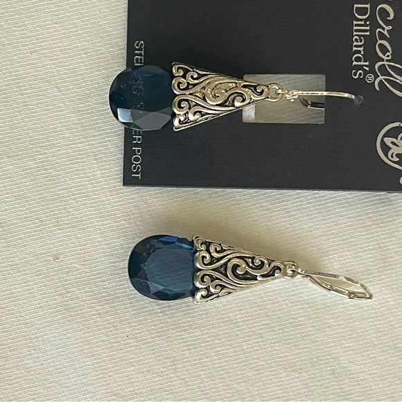 Scroll teardrop earrings w/ Blue crystal stone. Sterling post NWT - Picture 3 of 10